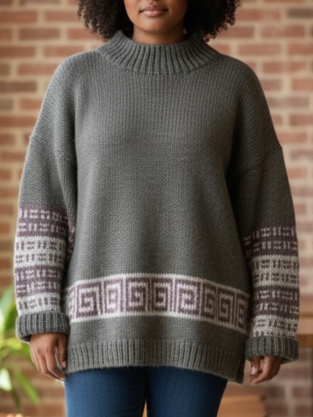 Vintage Hand Knit Crafted Mohair Wool Fisherman Aztec Grey Sweater XXL